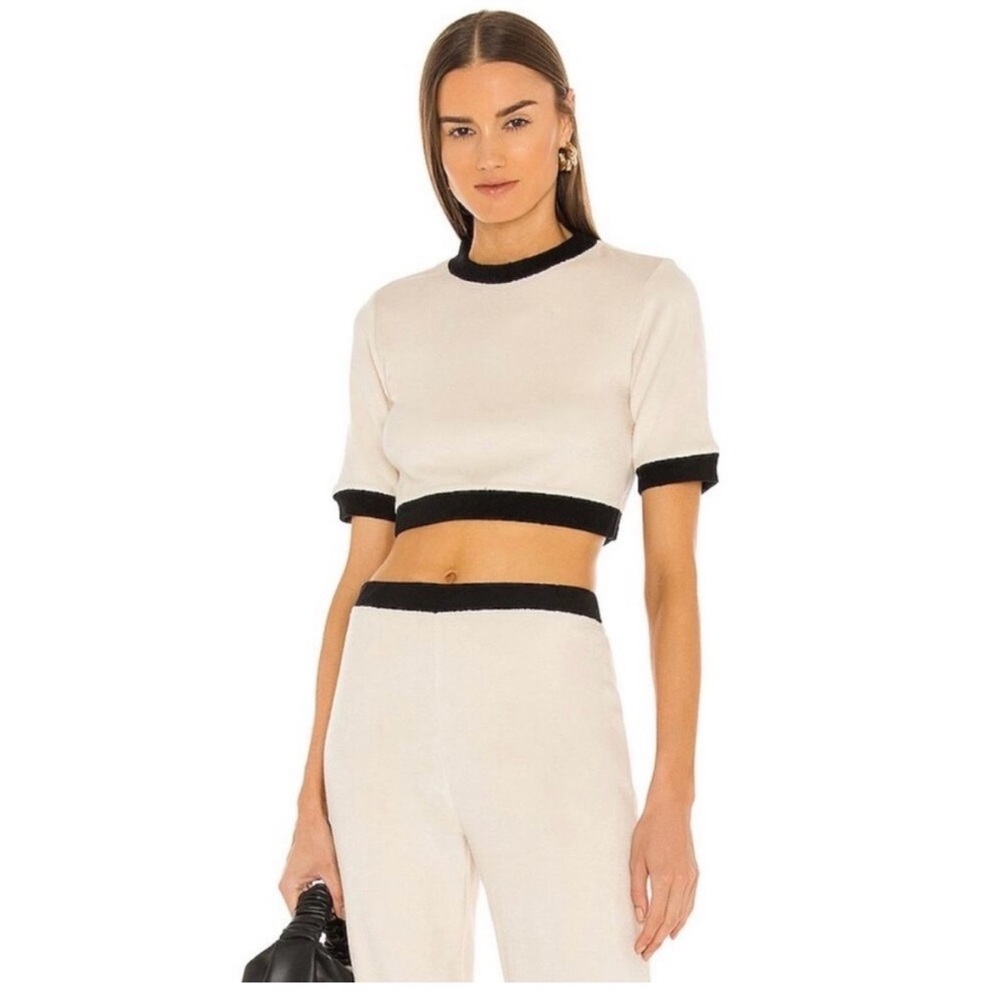 L'Academie Cream and Black Trim Short Sleeve Crop Top